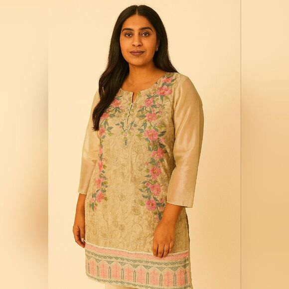 Hayat Embroidered Beige Pink Green Floral Kurti Dress S/M Ethereal Special Occas - Picture 1 of 14